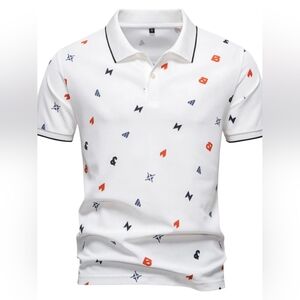 White Men's Geometric Print Short Sleeve Polo Shirt